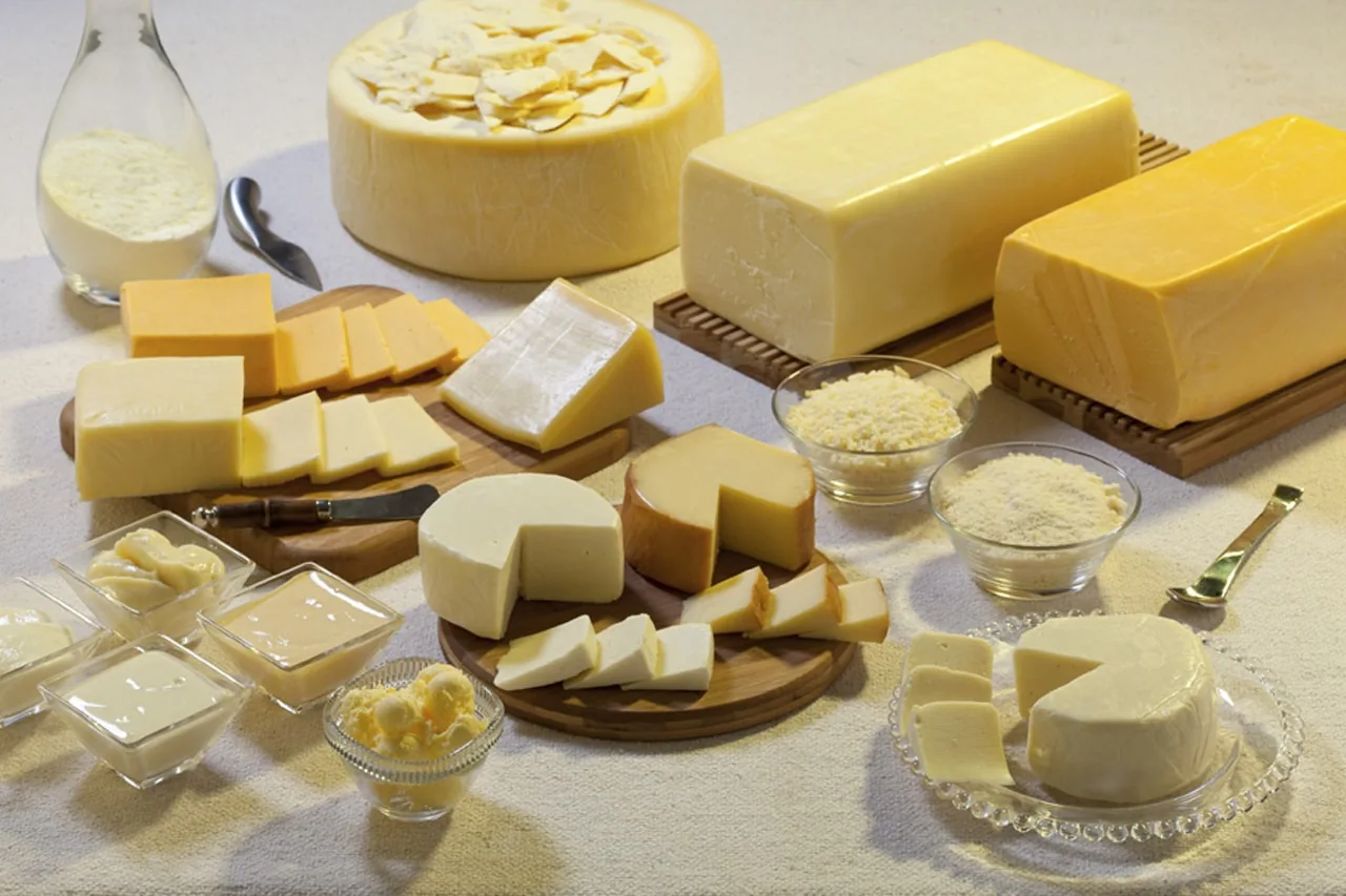 Produtos lácteos em linha de laticínios