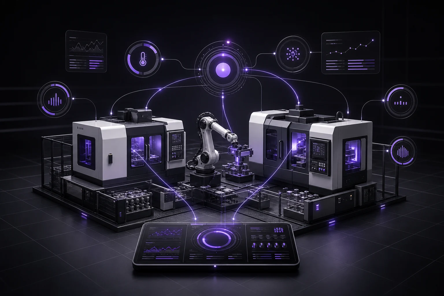 Visual conceitual do SUPERVISOR monitorando máquinas e produção em tempo real